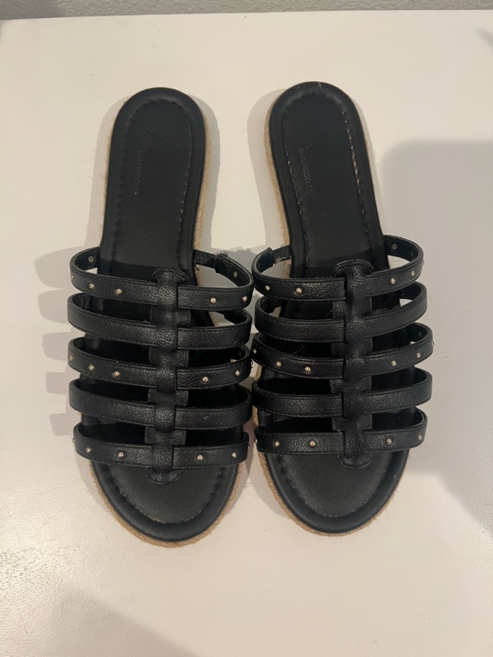 A2 by Aerosoles Black Strappy Slide Sandals with Stud Accents